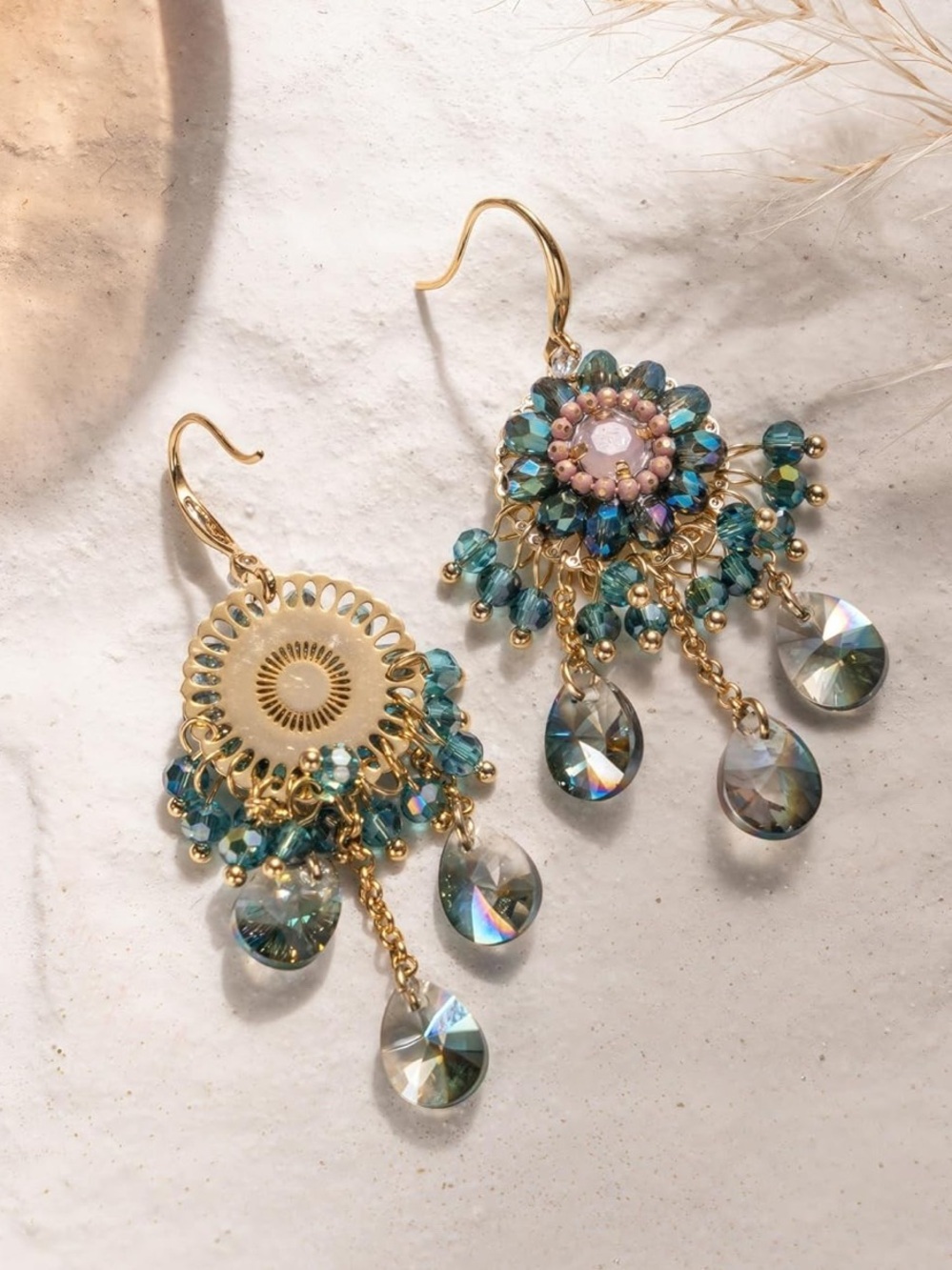 Anthropologie Gold-Tone Blue and Pink Crystal Chandelier Earrings - Picture 4 of 6